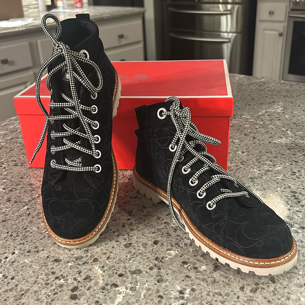Coach Ester Black Signature Embossed Suede Booties, Women’s 8, NIB